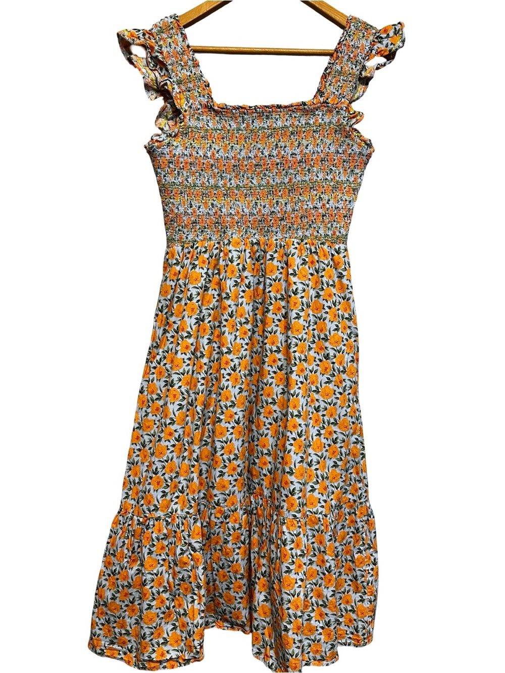 English Factory Orange Floral Nap Dress Small Smocked Midi Cotton Ruffle Tiered